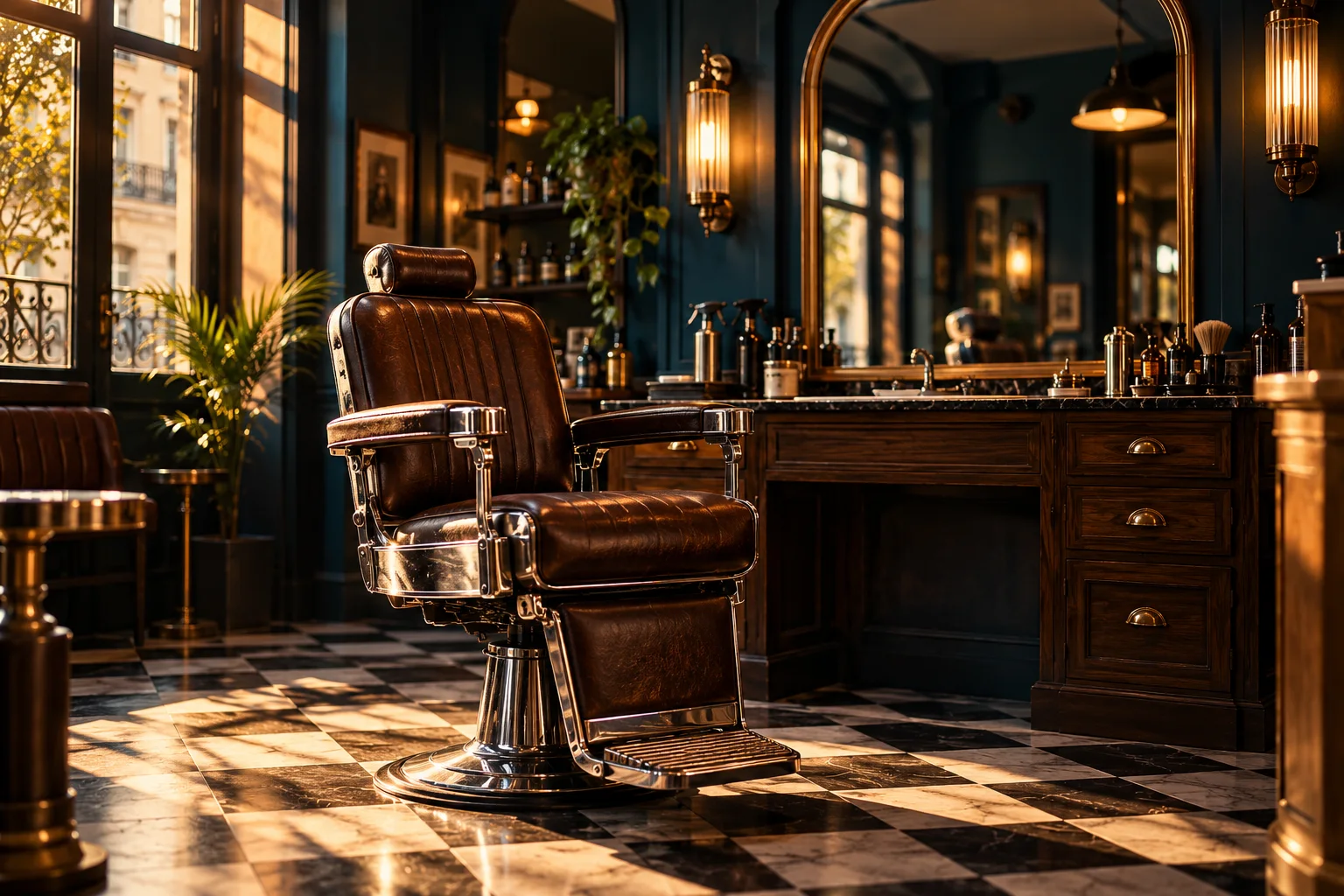 Fauteuil de barbier en cuir dans un salon rétro aux bois sombres et à la lumière ambrée.